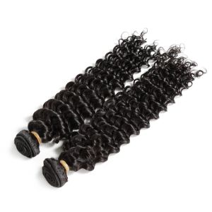 Smooth Deep Wave Bundles With Lace Frontal 8A Virgin Brazilian Hair / Soft Black