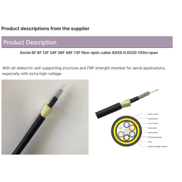 China Cable Supplier ADSS Single Jacket 48 Core Single Or Multi Mode FRP 1.5mm 100m Span Length Fiber Optic Cable