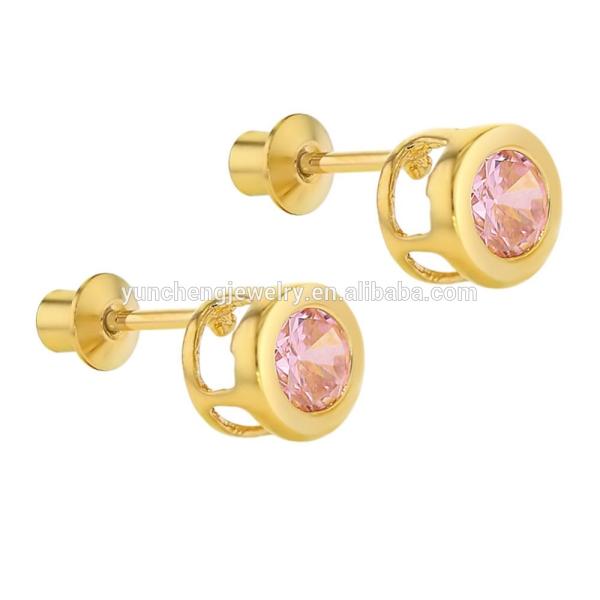 Handmade 4mm Clear CZ Gold Plated Stud Earrings for Baby Children 925 Silver Jewelry