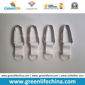 Quality Customized Silver D-Shaped Carabiner with Short White Webbing Strap and Rubber Round Loop for Hand Washing Bottle for sale