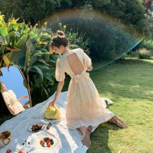 Back Tie Bow Waist Puff Sleeve A Line Dress