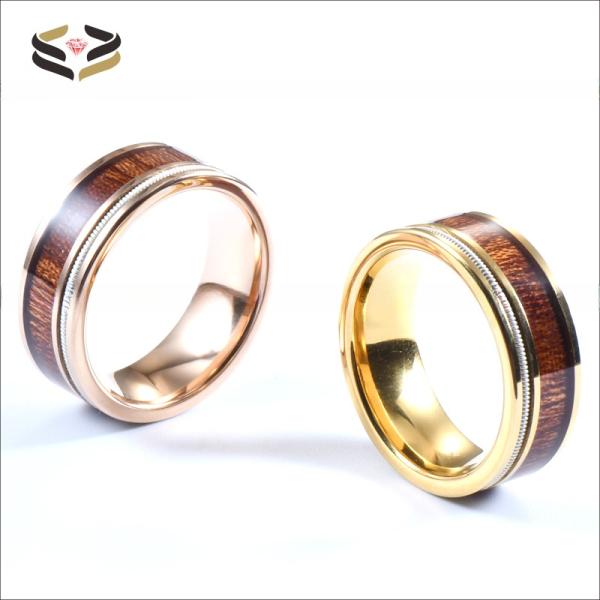 Men Flat Gold Tungsten Carbide Ring Koa Wood And Guitar String Inlayed 8mm For Party