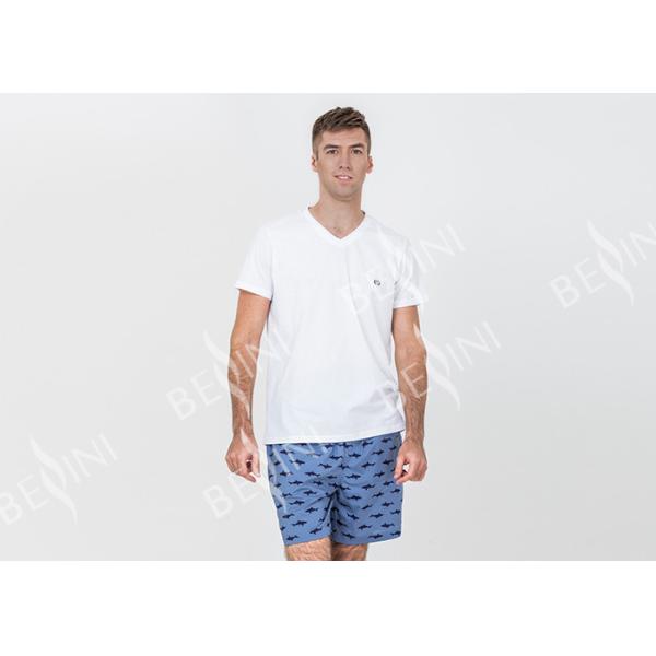 Buy Cotton Jersey Men'S V Neck Pajamas / Mens T Shirt And Shorts Pyjamas With Side Pockets at wholesale prices