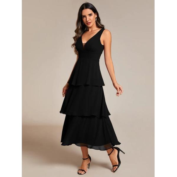 Multi-layered Hem V-neck Sleeveless A-line Black Chiffon Wedding Guest Dress Cocktail Dresses