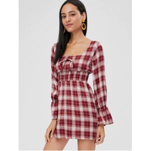 Womens Apparel Square Neck Checked Mini Empire Waist Dress
