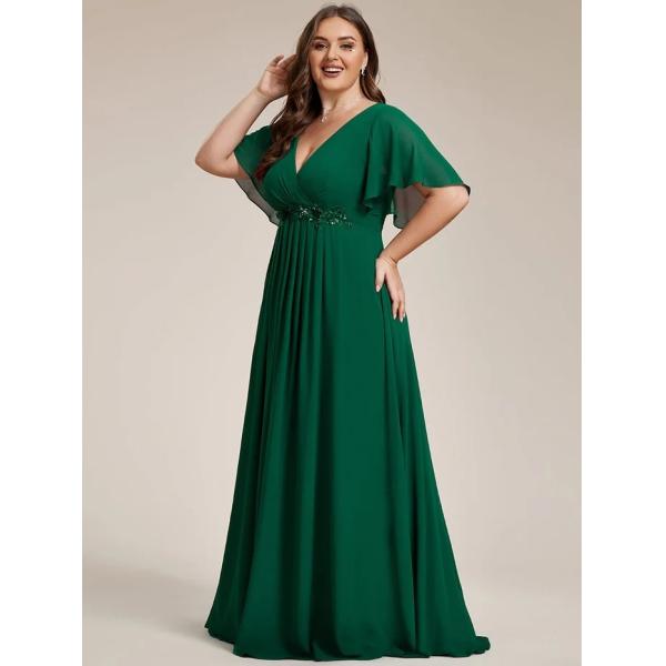 Empire Plus Size Applique Short Sleeve A-line V-neck Flutter Sleeves Invisible Zipper Dark Green Chiffon Bridesmaid Dres