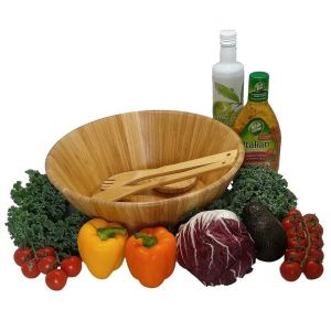 Unbreakable Bamboo Salad Set With Serving Spoons And Dressing Tray