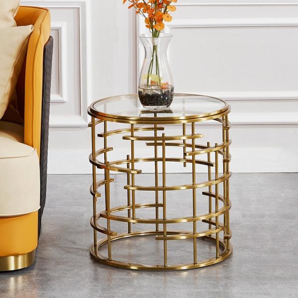 Golden Metal Corner Table Sofa Side Table Round Glass Table Top Bedside Table