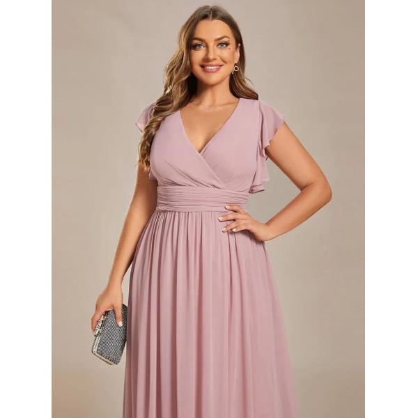 Empire Plus Size V-neck Open Back Ruffled A-line Cap Sleeves Pink Chiffon Evening Dress