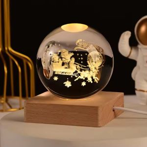Engraved 3d Laser Crystal Ball With LED Lighting Wooden Base Crystal Ball