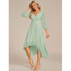 Elegant Empire Long Sleeve V-neck High Low A-line Ruffled Midi Dark Purple