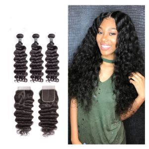12 Inch Virgin Indian Human Hair Weave / Closure Deep Wave Bundles
