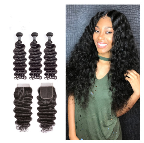 Buy 12 Inch Virgin Indian Human Hair Weave / Closure Deep Wave Bundles at wholesale prices