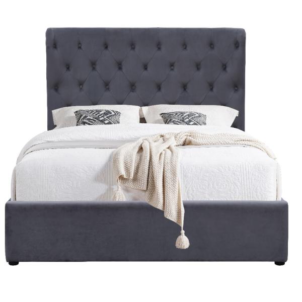 King Size 500lbs Gas Lift Storage Bed Grey Velvet Fabric Tufted Buttons On Headboard