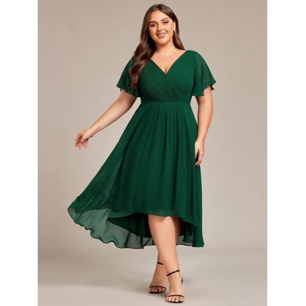 Empire Plus Size V-neck High-low A-line Short Sleeve Ruffled Sky Blue Chiffon Wedding Guest Bridesmaid Dress