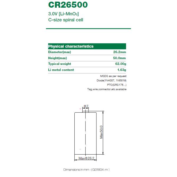 3V CR26500 C 5000mAh Li-MnO2 Battery Non Rechargeable 3000mA For Medical Devices