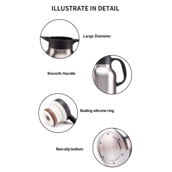 45 Oz Double Walled Vacuum Thermos / 12 Hour Heat Retention / 2 .2 Litre Stainless Steel Thermal Coffee Carafe