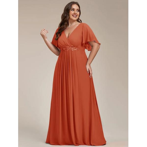 Sexy Empire Applique A-line Short Flutter Sleeves V-neck Invisible Zipper Burnt Orange Chiffon Evening Dress