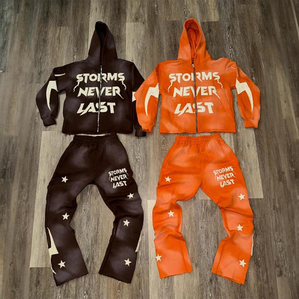 Manufacturers Custom Sun Faded Embroidery Patch Acid Wash Vintage Zipper Cropped Cut and Sew Hoodies Sweatpants and Hoodie Set