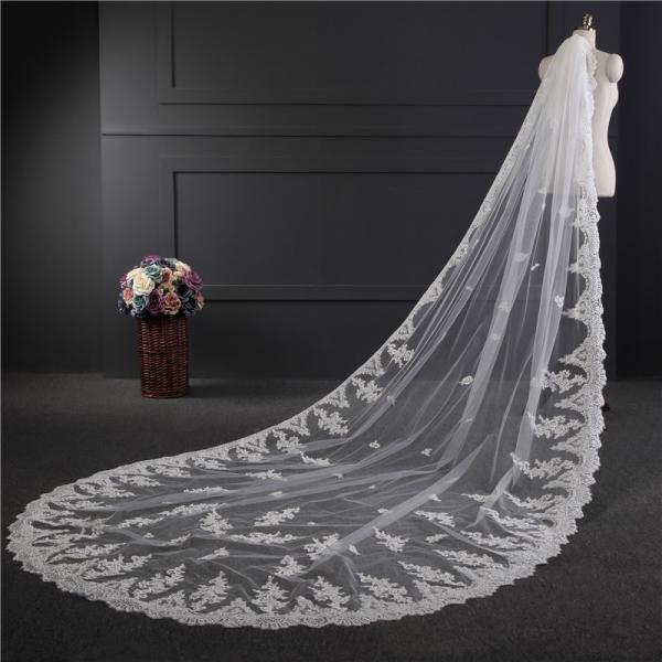 New Styles Customized Appliqued Lace 3.5m*1.8m Cathedral Tulle Bridal Wedding White Veil With Hair Comb