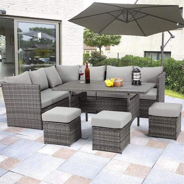 Patio Furniture Set Outdoor Sectional Sofa Conversation Set All Weather Wicker Rattan Couch Dining Table & Chair