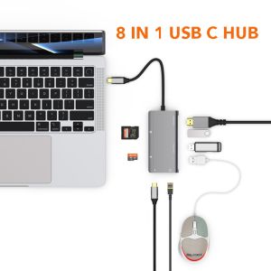 8 In 1 USB Type C To HDMI Card Reader RJ45 USB HUB PD Power Deliver Adapter