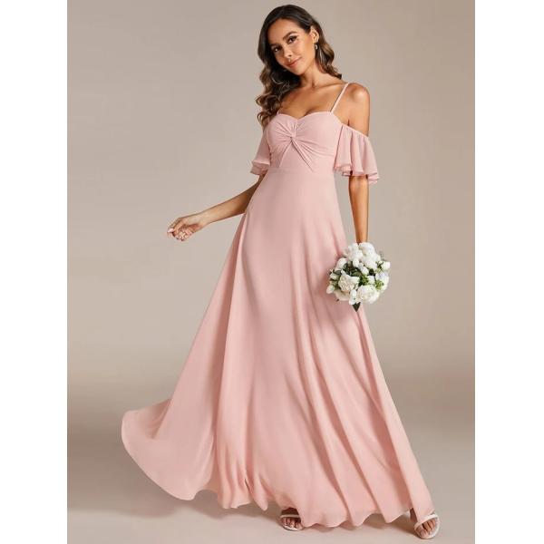 Empire A-line Ruffled Off-shoulder Spaghetti Strap Criss-cross Ruffles Sleeve Pink Chiffon Evening Dress