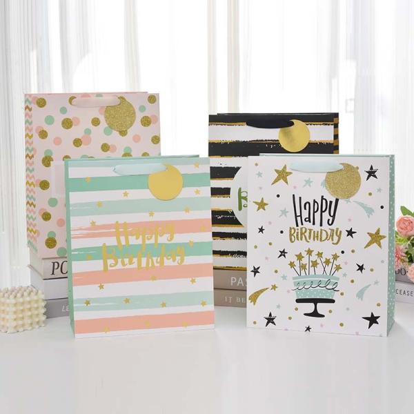 New Design Birthday Gift Bag Packaging English Paper Bag Hot Stamping White Card