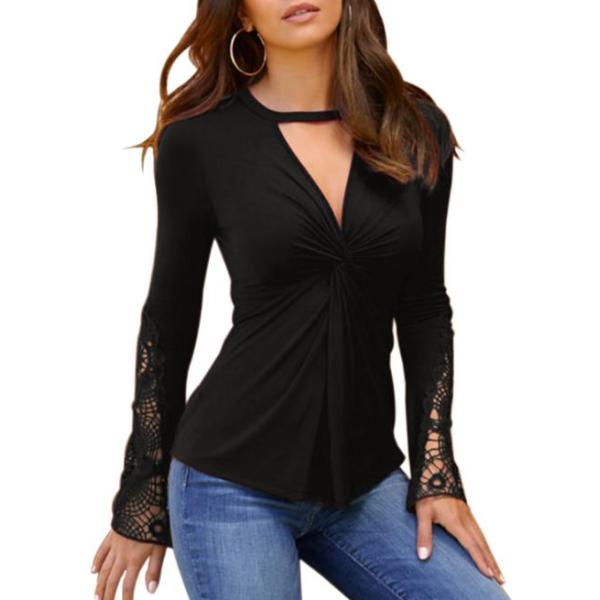 Small Batch Clothing Manufacturers Women'S Casual V - Neck Lace Twisted Long Sleeve Tops