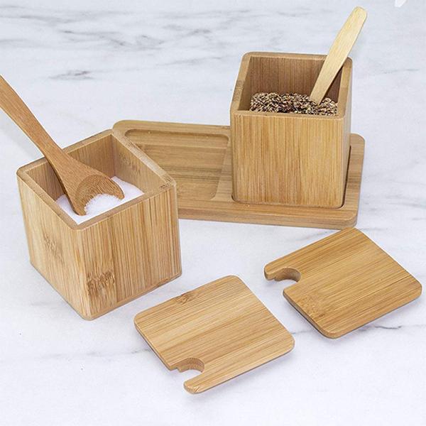 Natural Bamboo Square Salt Spice Herb Dry Storage Box With Lid Spoon 17x7.1x8.2cm
