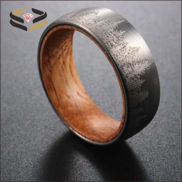 8mm Silver Tungsten Ring showcasing Olive Wood Interior and Forest Laser Engraved Design for Wedding or Gift Material Type Other