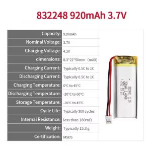 CB IEC62133 Approved Rechargeable Battery Pack 832248 920mAh 3.7V KC Certificate