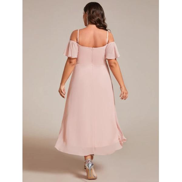 Empire Off-shoulder Spaghetti Strap Zipper High-low Wedding Guest Dresses Short Sleeves Pink Chiffon Bridesmaid Dress