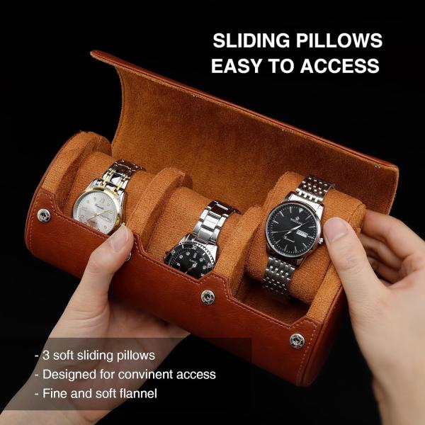 Watch Travel Case, Watch Roll for 3 Watches,Premium Faux Leather, Gift-box packaging【Brown】