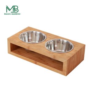 Quality Bamboo Pet Feeder With Double Position Steel Bowls Rectangle for sale
