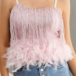 Spaghetti Strap Crop Women Cami Top With Plush Feathers