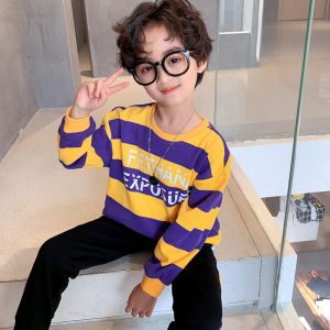 Green And Black Boys Striped Crewneck Sweater Letter Printed