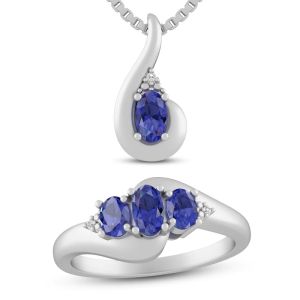 Three Tanzanite Boxed Wedding Ring With White 925 Set Sterling Silver