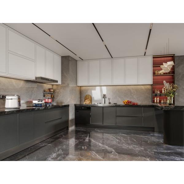 Fadior Modern Stainless Steel Kitchen Cabinet with Blush Red Accent And Extended Sinstered Stone Island