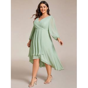 Plus Size Ruffled A-line Long Sleeve V-neck High Low Wedding Guest Dusty Blue