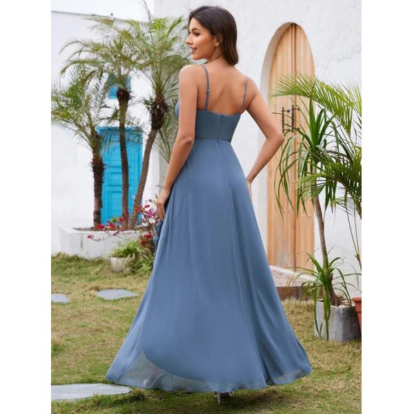 Chic Sleeveless V-neck Spaghetti Strap A-line Pink Chiffon Bridesmaid Dress With Lotus Leaf