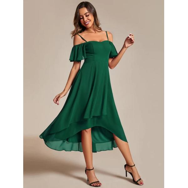 Empire Off-shoulder Spaghetti Strap Zipper High-low Wedding Guest Short Sleeves Dark Green Chiffon Homecoming Dress