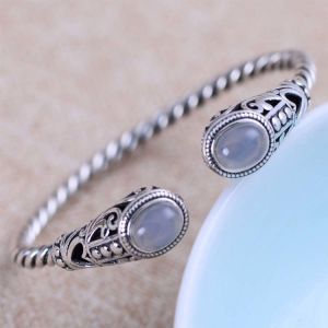 Sterling Silver Cable Bracelet with Chalcedony Open Adjustable Cuff Bracelet