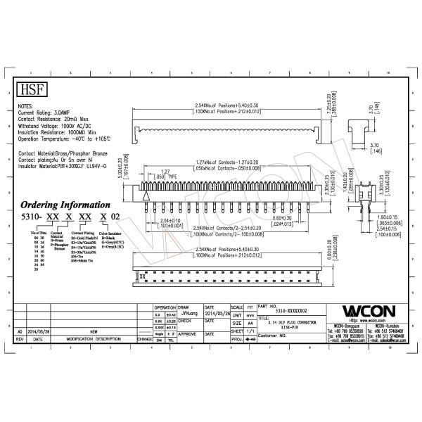 WCON 2.54mm Wire to Board Connector 2*10 Pin DIP Plug Connector Phosphor Bronze Kink PIN