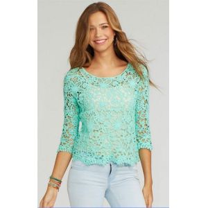 Quality Lace Long Sleeve Ladies / Womens Shirts Blouses Green / White / Black for sale