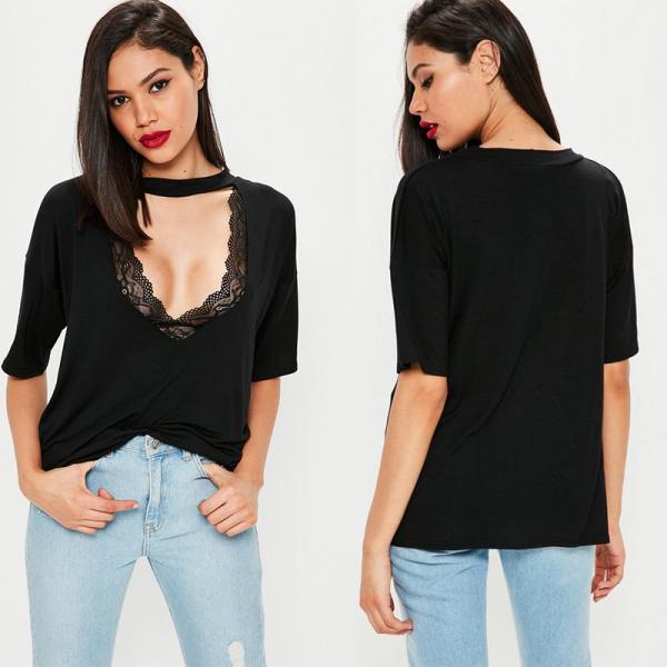 Buy Black Choker Neck Cut Out Clothing T Shirt Women at wholesale prices