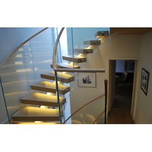 Stainless Steel Curved Glass Staircase Modern House Decoration With Wall Mounted