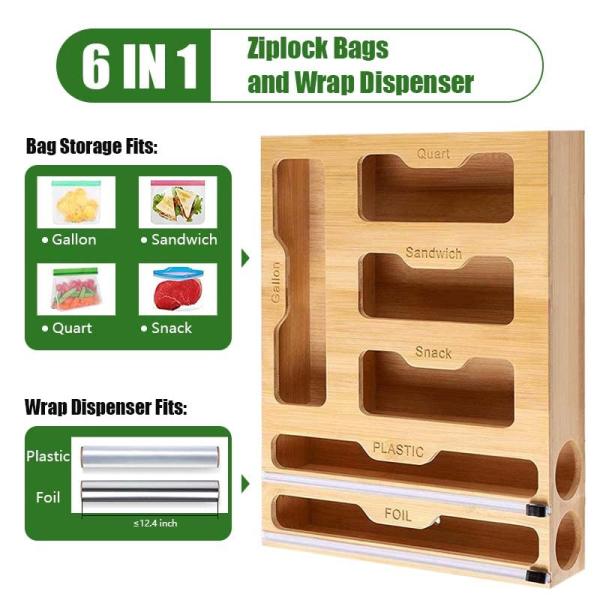 Bamboo 6 In 1 Ziplock Bag Storage Organizer With Cutter Functional Design Single Tier