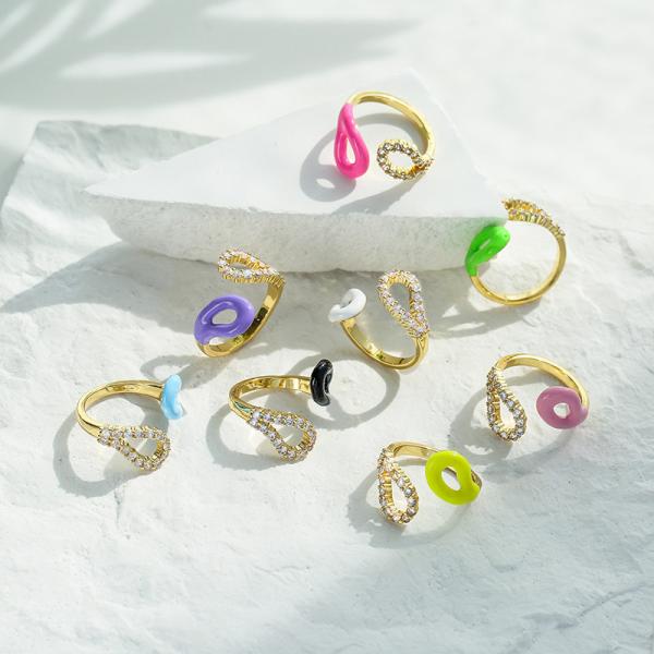 Buy 18K Real Gold Plated Adjustable Diamond Rings Colorful Enamel Geometrics at wholesale prices
