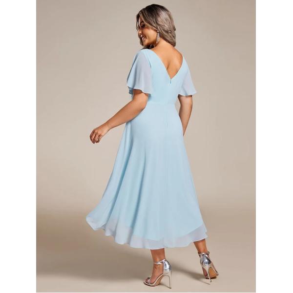 Empire Plus Size V-neck High-low A-line Short Sleeve Ruffled Sky Blue Chiffon Wedding Guest Bridesmaid Dress